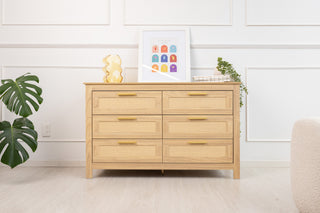 Rattan-front oak 6-drawer lowboy styled with green plants, decor objects, and wall panel backdrop, creating a refreshed and modern home look.