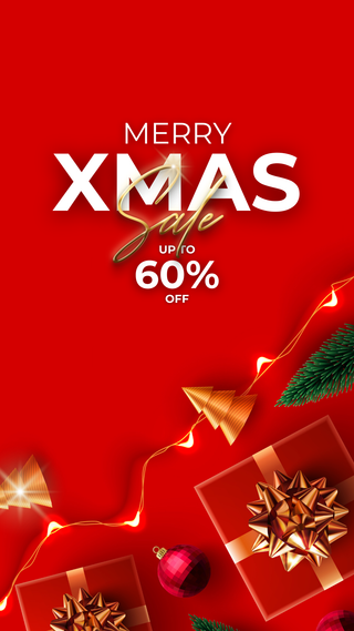 Red Christmas sale banner with gold text and decorations on a red background