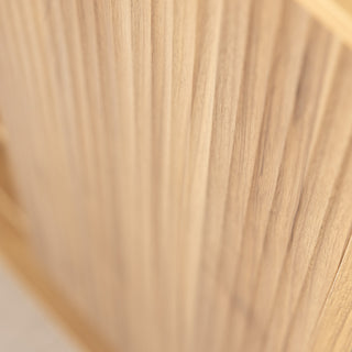 Close-up of the Renne shoe cabinet’s vertical fluted door design, crafted in an oak finish 15mm MDF board. The textured panel adds depth and style while enhancing durability, making this shoe cabinet a modern and practical storage piece for New Zealand homes.