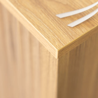 Close-up of the Renne shoe cabinet showing the smooth 15mm MDF board with oak wood finish and precise corner detailing. Highlights the cabinet’s durable build and fine craftsmanship, making it a stylish and sturdy storage option for modern New Zealand homes.