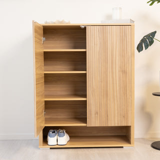 Renne shoe cabinet in oak finish shown with doors open, displaying multiple adjustable shelves for organised shoe storage. Made from durable 15mm MDF with a modern vertical fluted design, this cabinet is a stylish and practical storage solution for New Zealand homes.