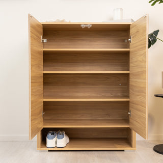 Renne shoe cabinet in oak finish with both doors open, showing five spacious adjustable shelves for flexible storage. Crafted from 15mm MDF with a vertical fluted design, this modern shoe cabinet is perfect for keeping footwear tidy and organised in New Zealand homes.