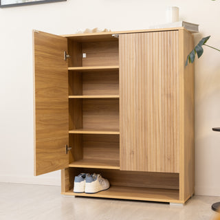 Renne shoe cabinet in oak finish with one door open, showcasing multiple adjustable shelves and a bottom open compartment with shoes stored. Stylish and practical cabinet design for modern New Zealand homes.