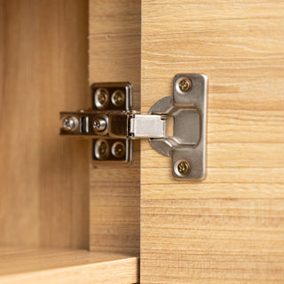 Close-up of the Renne shoe cabinet’s soft-close metal hinge, highlighting the sturdy hardware and smooth door mechanism for long-lasting cabinet use.