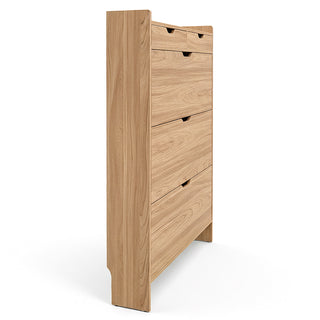 Angled side view of the Risa Shoe Cabinet showing its slim vertical profile, tilt-out drawer fronts, and warm oak grain finish. A narrow, space-saving design ideal for entryways or compact hallways.