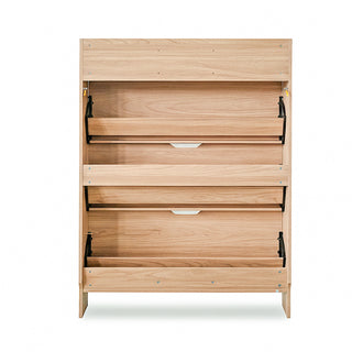 Back view of the Risa Shoe Cabinet with rear panel removed, revealing internal tilt-out drawer mechanisms, black metal supports, and oak-finish compartments. Highlights smart design and functional engineering.