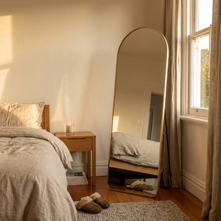 C&F Creation Svelte Aurelia Arched Full Length Mirror 160x60cm freestanding in bedroom with gold aluminium frame