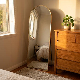 C&F Creation Svelte Aurelia Arched Full Length Mirror 160x60cm freestanding in bedroom corner with stand
