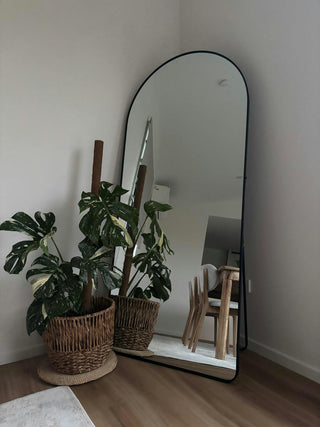 Titan Arched floor mirror leaning against a wall next to potted plants on a wooden floor | C&F CREATION