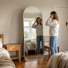C&F Creation Titan Alba Arched Full Length Mirror 180x80cm freestanding in bedroom showing scale and proportions