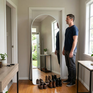 C&F Creation Titan Alba Arched Full Length Mirror 180x80cm freestanding near doorframe in NZ hallway