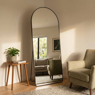C&F Creation Titan Arched Full Length Mirror 180x80cm freestanding in living room with thin stand