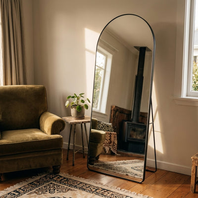 C&F Creation Titan Arched Full Length Mirror 180x80cm freestanding in living room alternate angle with stand