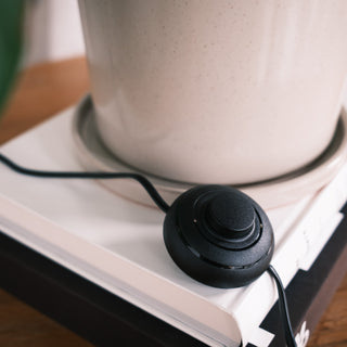 Close up of the Vienna Brass Floor Lamp’s black foot switch resting on stacked books beside a ceramic plant pot, showing the round button design and cord placement.

