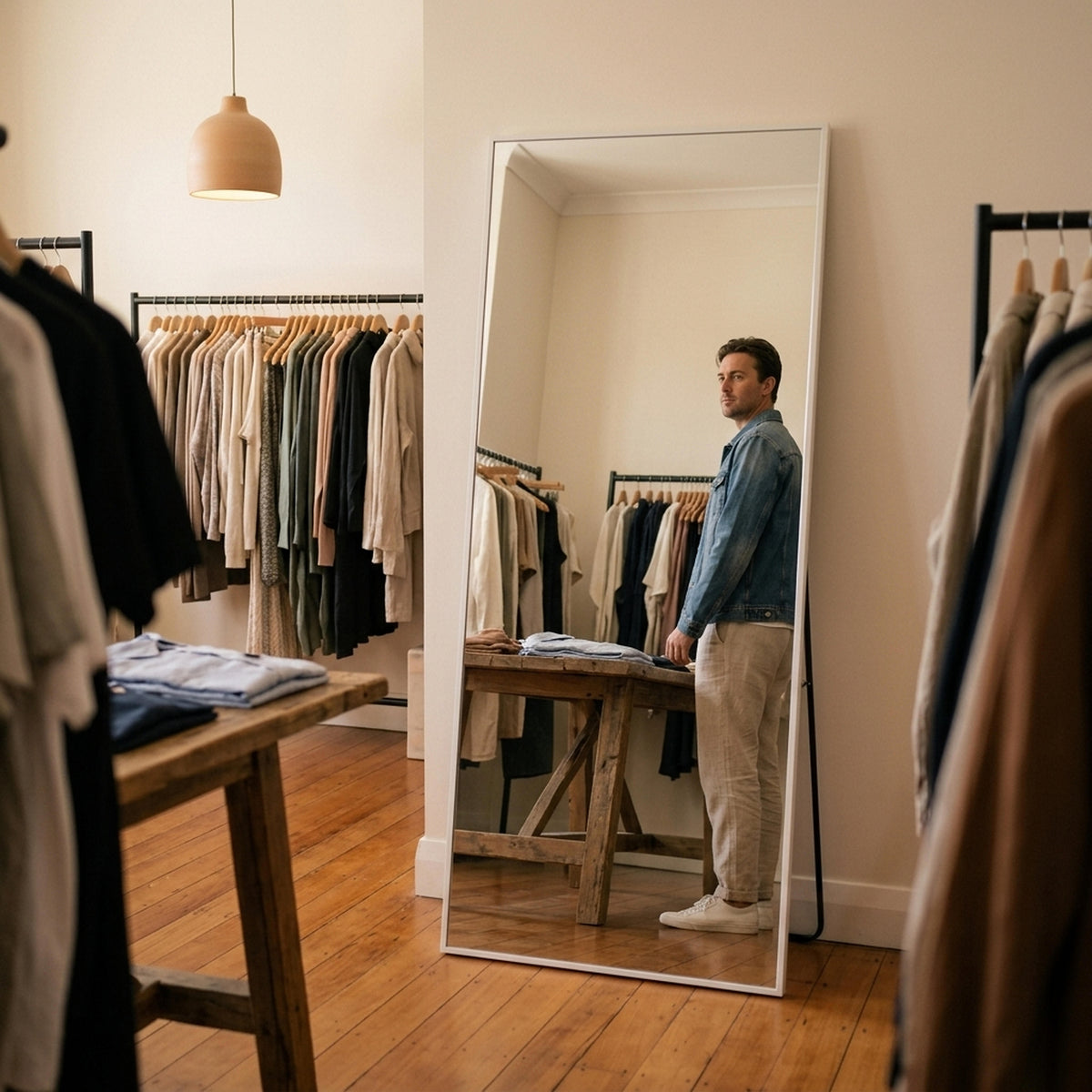 C&F Creation Zenith Alba Rectangular Full Length Mirror 180x80cm white rectangular mirror freestanding in boutique with stand