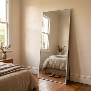 C&F Creation Zenith Alba Rectangular Full Length Mirror 180x80cm leaning against wall in NZ bedroom