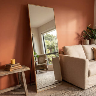 C&F Creation Zenith Aurelia Rectangular Full Length Mirror 180x80cm leaning in living room with warm natural light