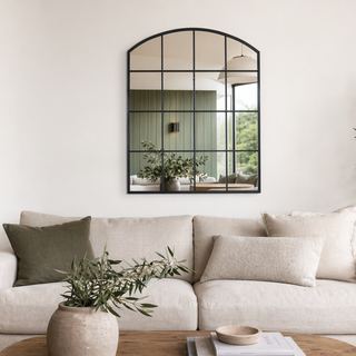 Le Vue arched window wall mirror 120x100cm in modern NZ lounge, GPT-Image-2 lifestyle shot